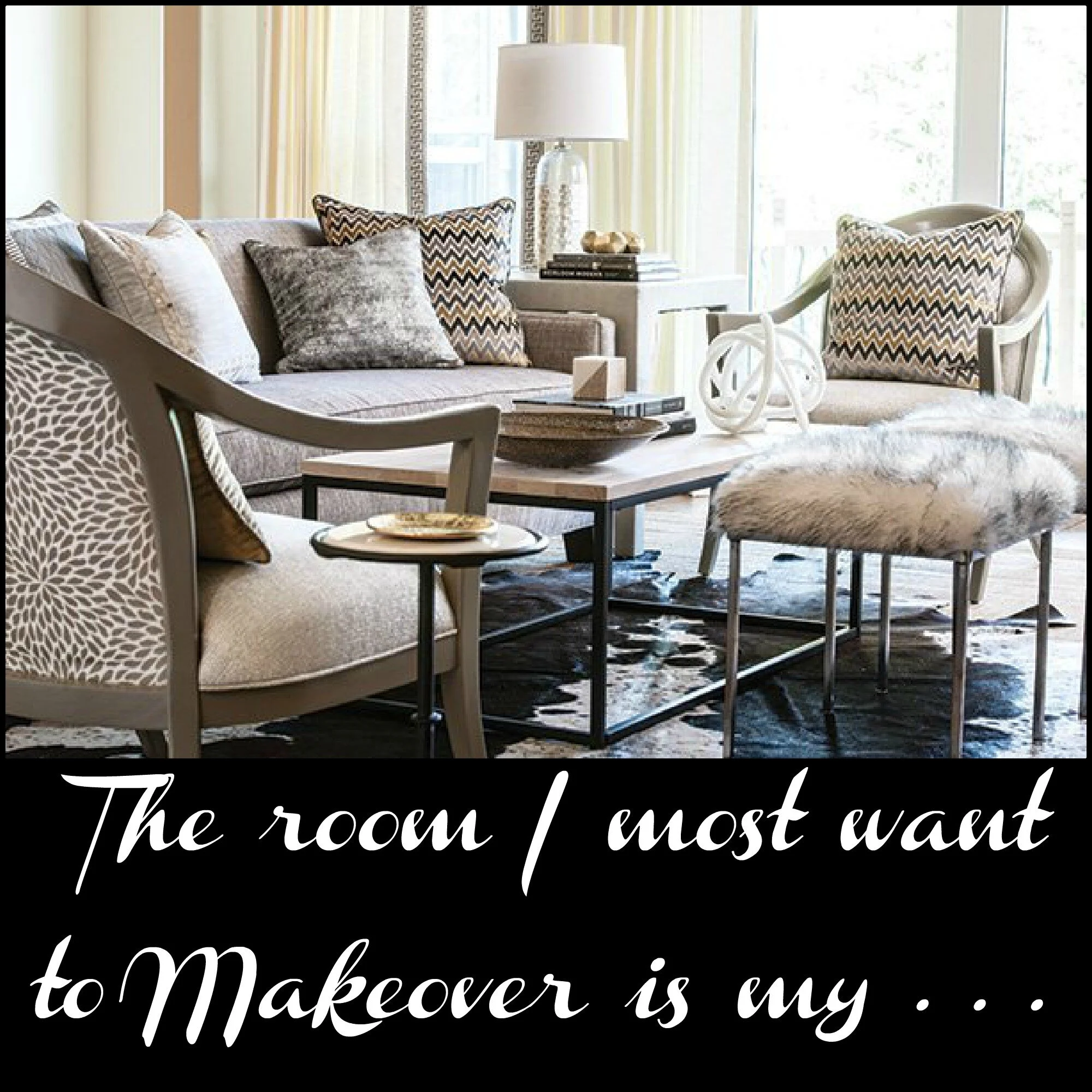 Photo features our Fabricut fabrics and trim collections transformed into custom drapery, upholstery, and decorative throw pillows.