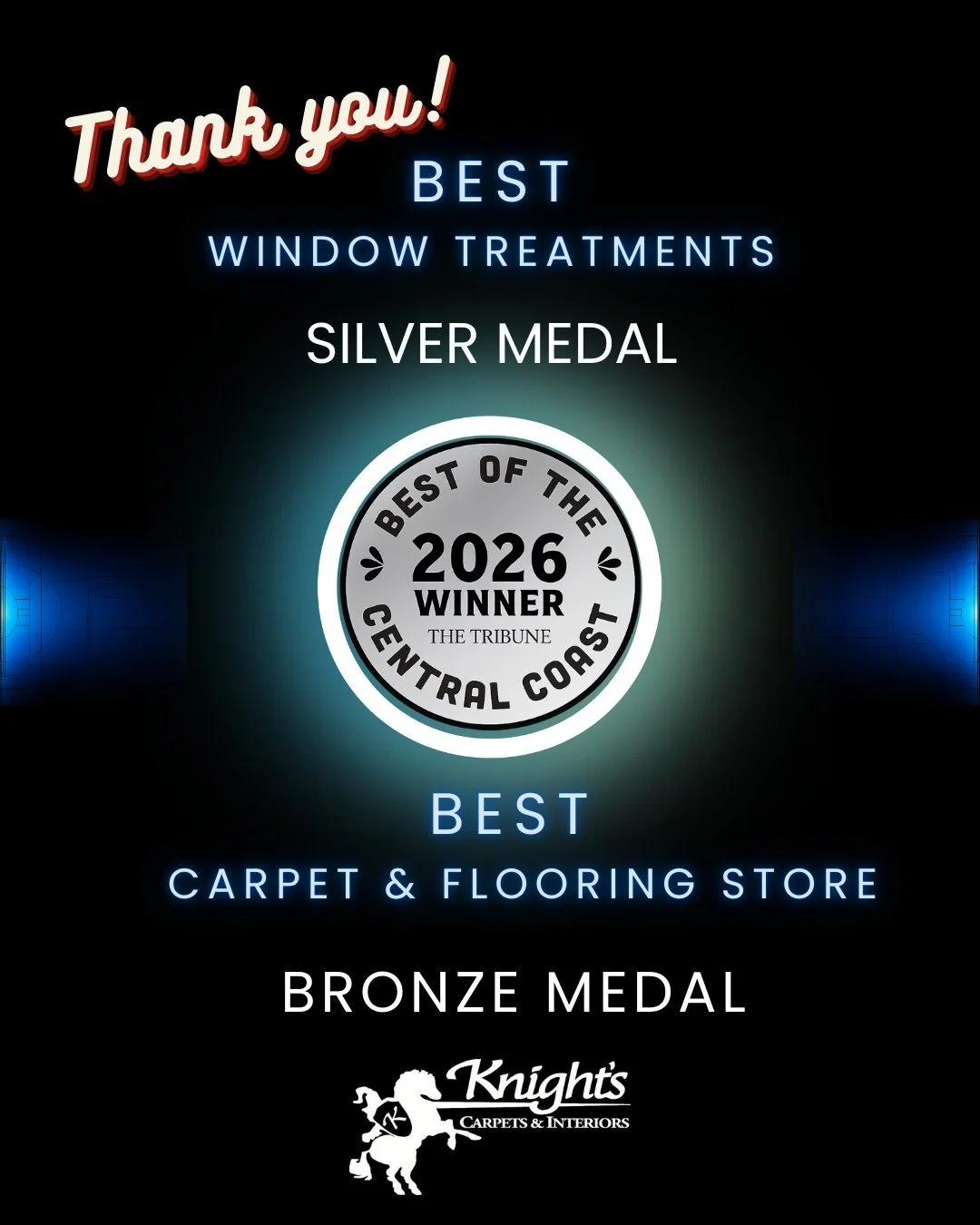Thank you to all who voted for Knight's for the Best Of The Central Coast!
It's with a happy heart to share that we placed SILVER for BEST WINDOW TREATMENTS and BRONZE for BEST CARPET &amp; FLOORING STORE.
We are honored and grateful for your trust i