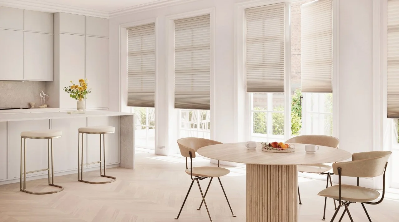 Elevate everyday living with Duette&reg; Honeycomb Shades - where soft, filtered light meets energy-smart design. Call us today to bring this look home. (805) 237-1400