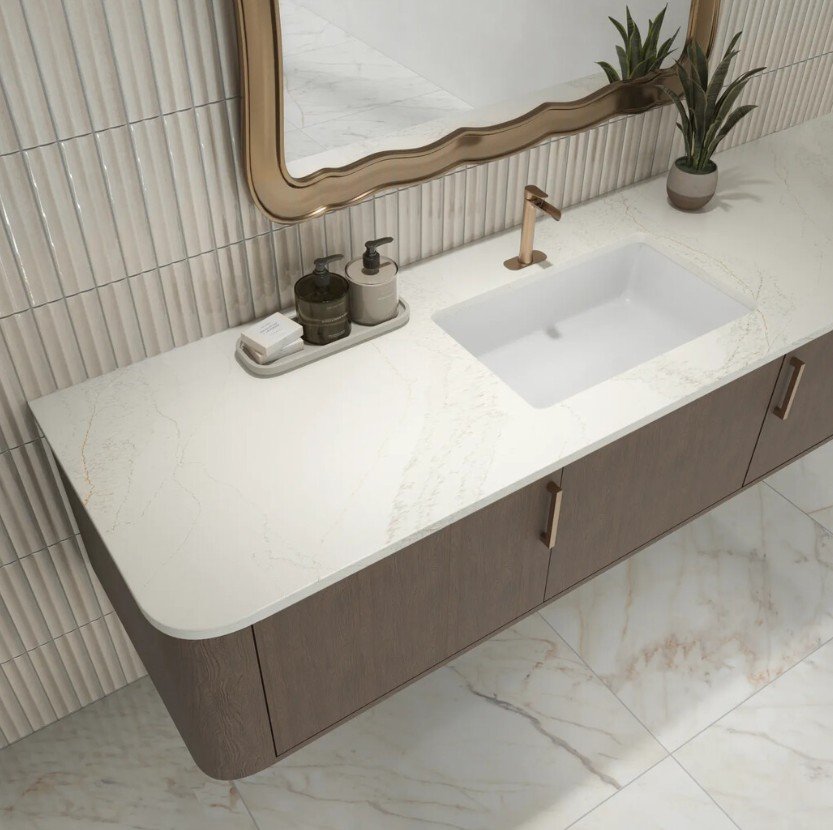 Do you suffer from Decoraphobia? You know that fear of commitment when it comes to the final finishes for your bath remodel?
No worries here with our DalTile selections from the floors on up:
Floors - Marble look tile in Attache Lavish.
Counter - Pur