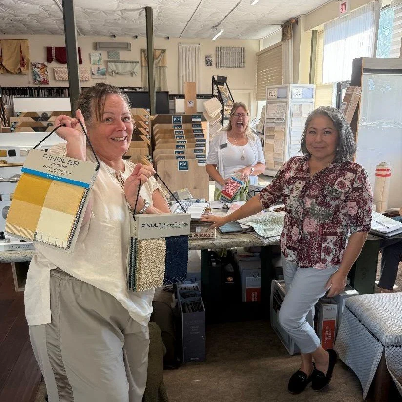 A fabulously fun fabrics morning was brought to us by Pindler Fabric's representative, Denise Wilke @denisewilke_jec . We were introduced to beautiful new selections of patterns and colors that we can't wait to share with you! 
Please scroll through 