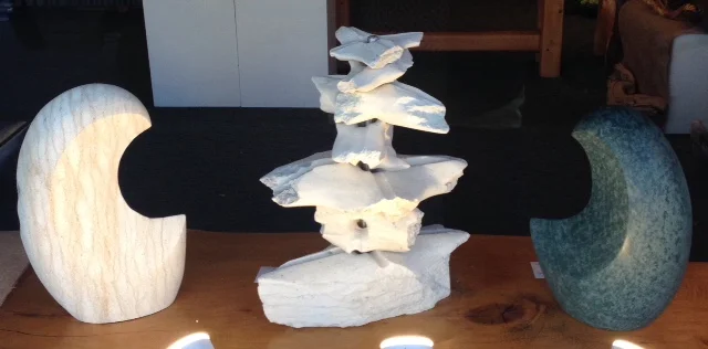 "The Green Moon is Rising", "Seven Stars" and "New Moon". Limestone and Serpentine. By Moira Crossman.