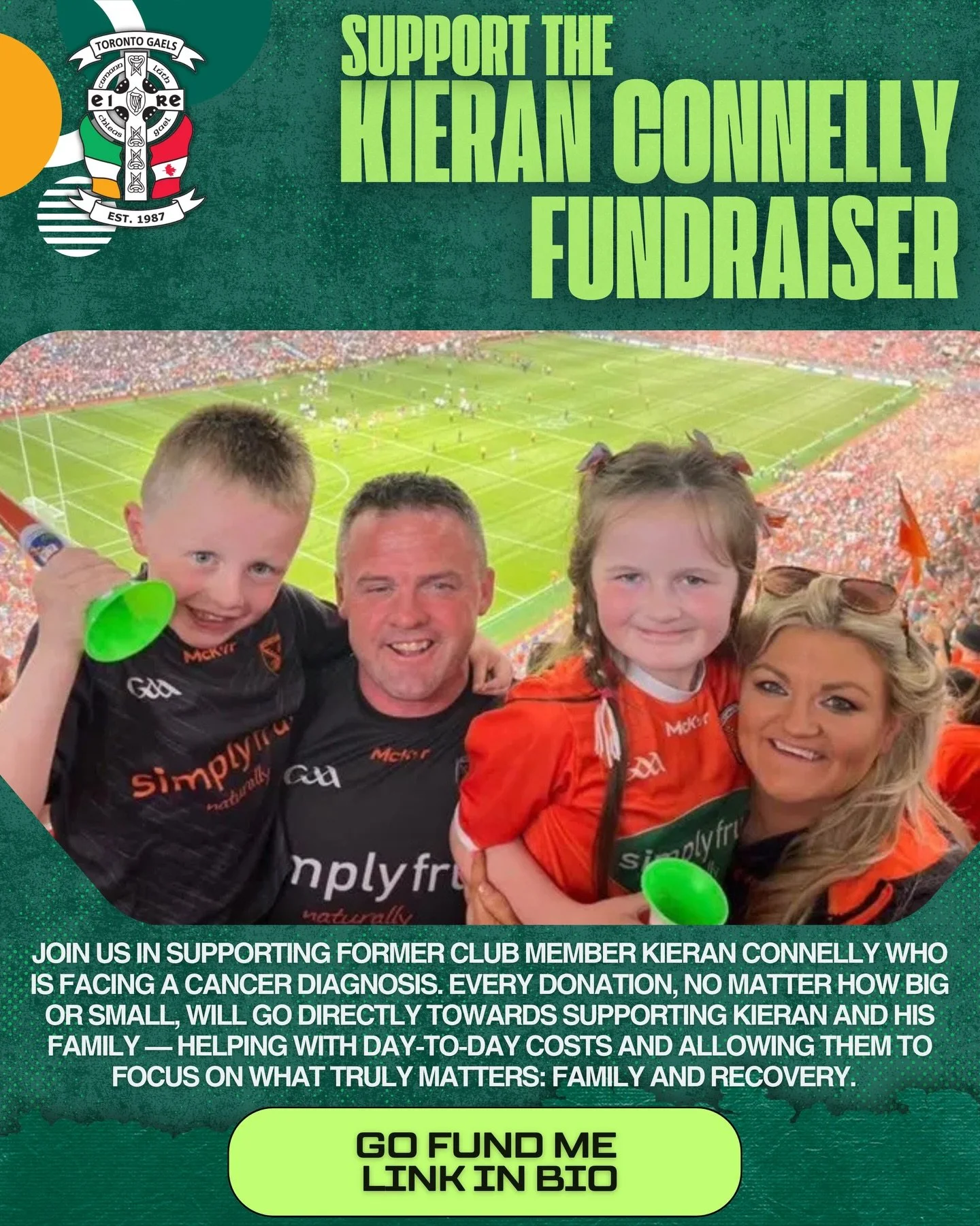 💚 Support for Kieran Connelly💚

One of our former members, Kieran Connolly, who played with us in 2013 and 2014, is currently facing a cancer battle.

Kieran and his family are being supported by their wider community through a fundraiser to help e