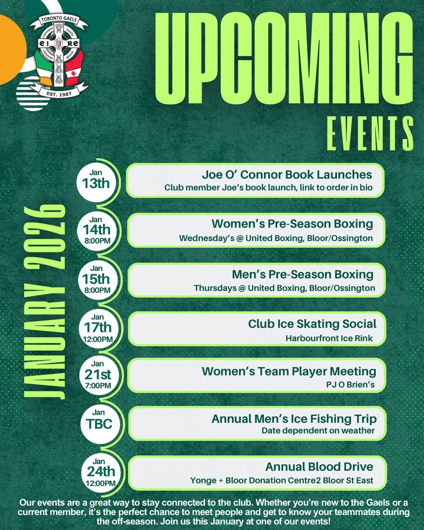 January has kicked off with a bang! 💥 

Check out what we&rsquo;ve got going on for the remainder of January 2026 ! 

Our upcoming events are all about staying connected, getting out of the house, and keeping the Gaels community strong through the o