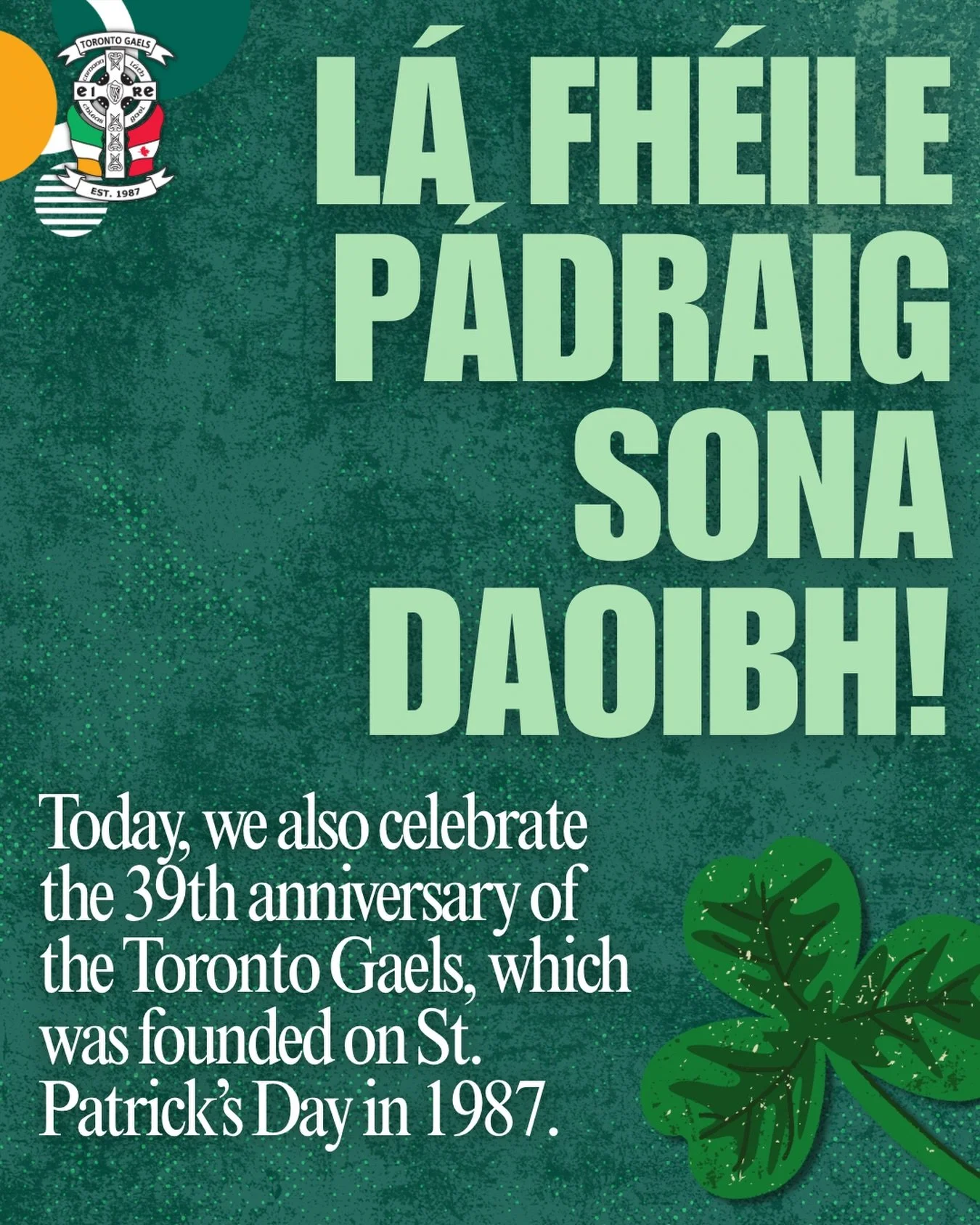 🍀 Happy St. Patrick&rsquo;s Day from all of us at Toronto Gaels 🍀

Today is always a special one for our club not just celebrating Irish culture and community here in Toronto, but also marking 39 years of Toronto Gaels, founded on March 17th, 1987.