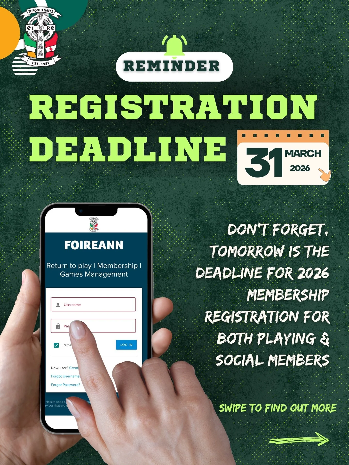⚠️Reminder - Registration Deadline is tomorrow ⚠️

Swipe through for everything you need to know: what your fees cover, how to pay, and how to get signed up on Foireann 👉

A couple of things to note this year:
&rarr; We&rsquo;re on Foireann for the 