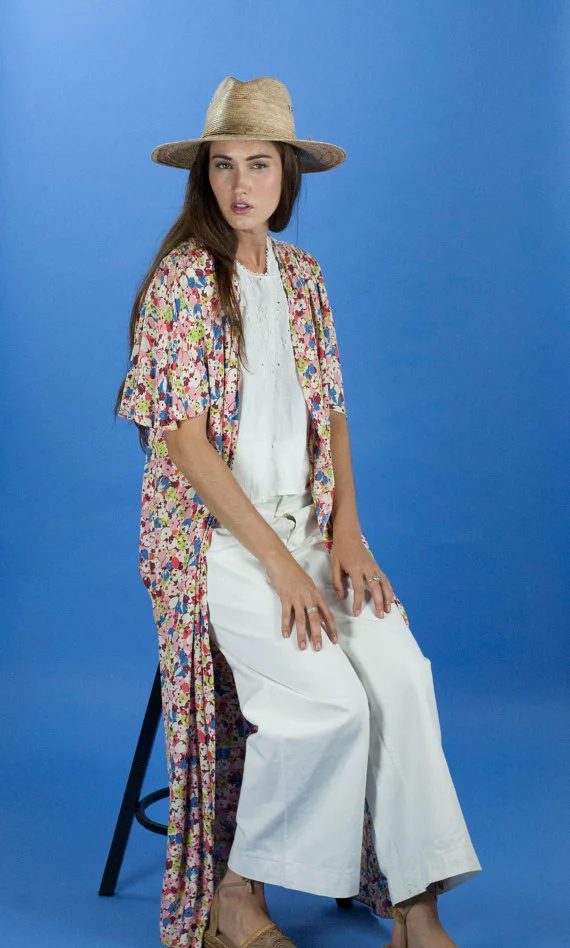 1930s Floral Print Flutter Short Sleeved Duster Jacket Robe James McCreery & Co // One Size