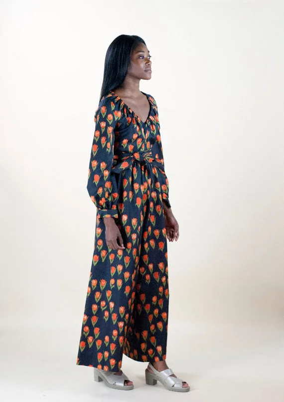 Black Tulip Print Palazzo Wide Leg Jumpsuit 1970s Vintage // Size Small