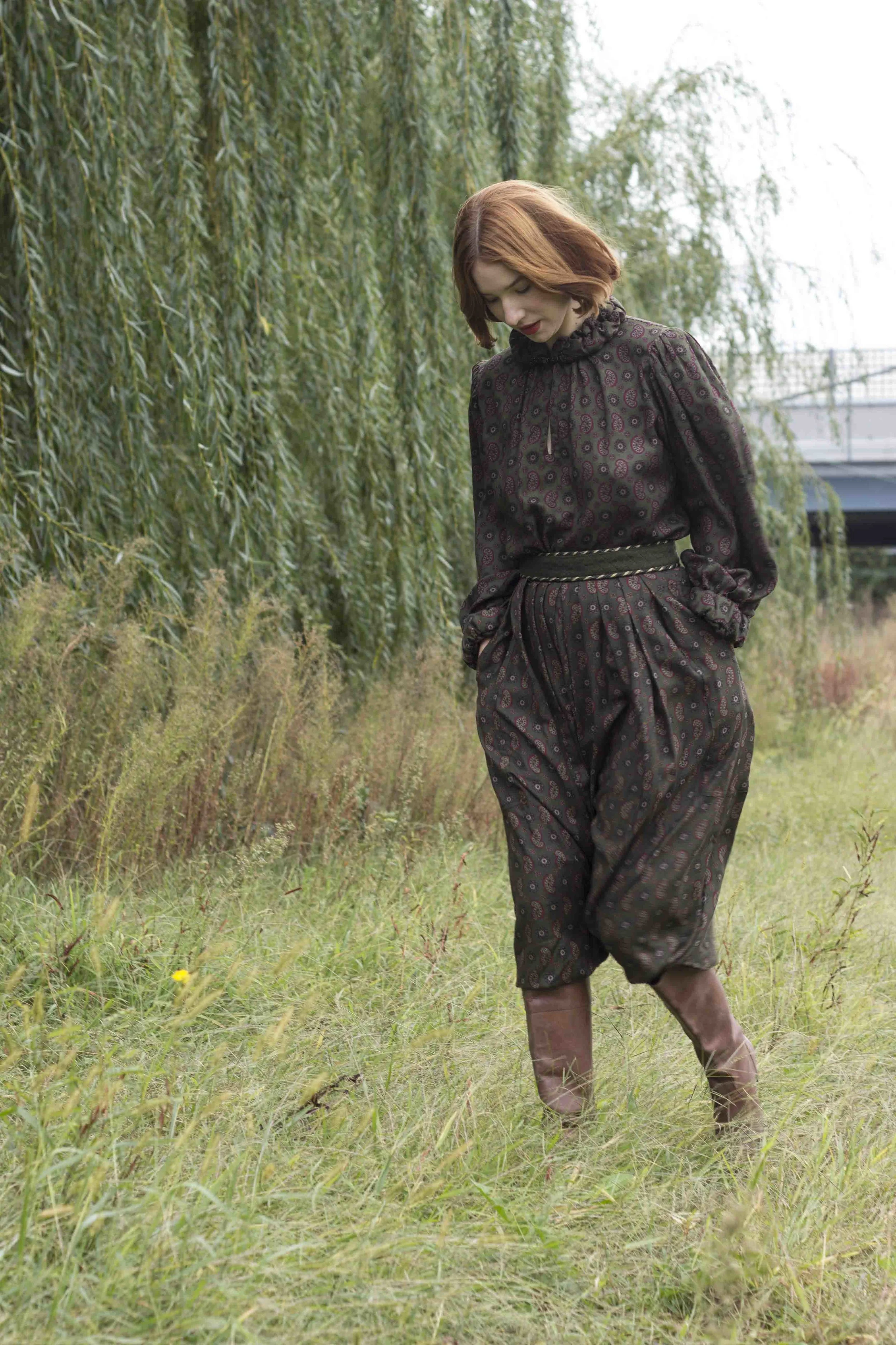 1970s Pancaldi Russian-Inspired Paisley Set with drop crotch pants and quilted trim
