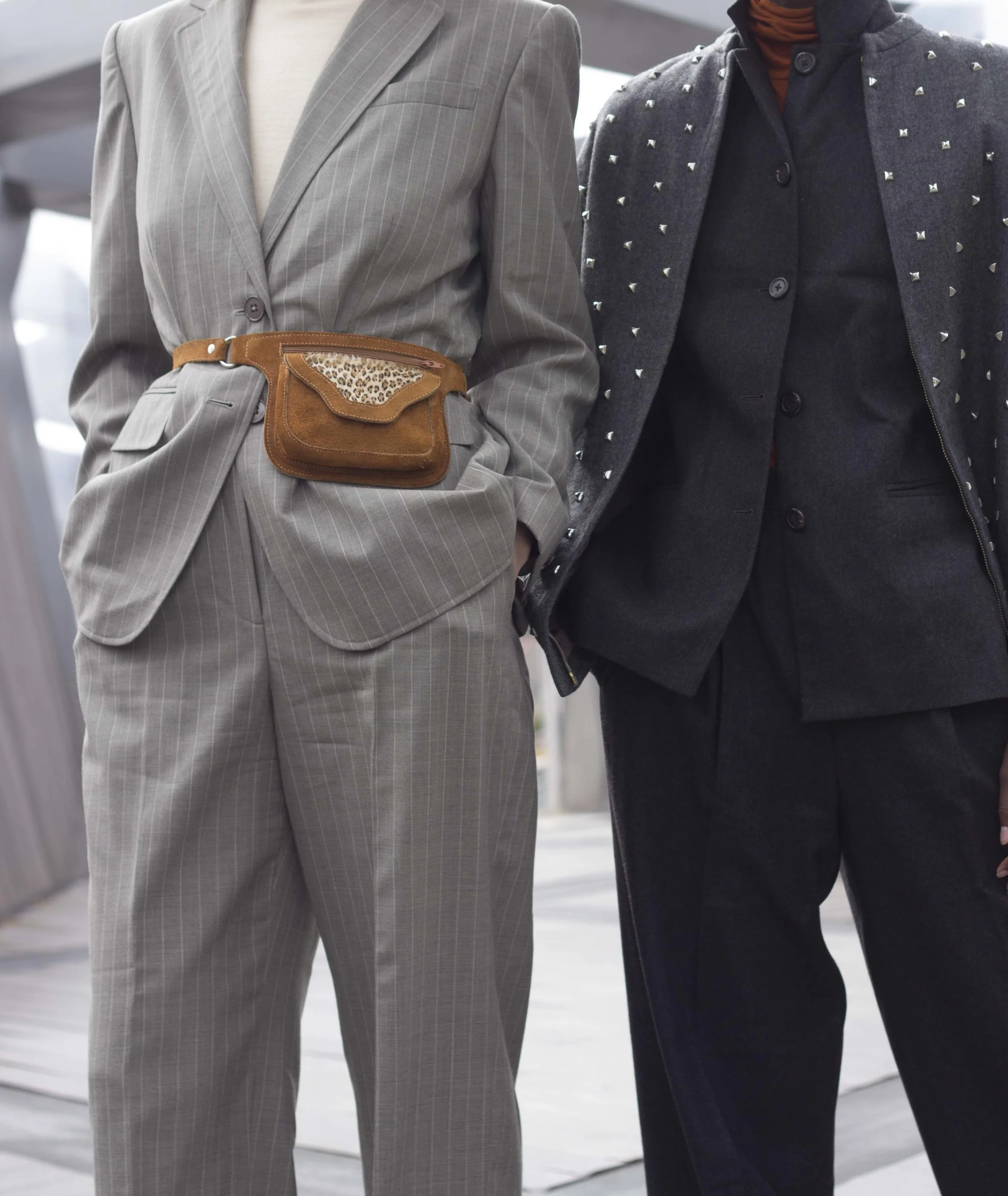 1990s Ralph Lauren Pinstripe Suit and 1970s Nina Ricci Studded Jacket over 1990s Ralph Lauren Charcoal Suit (left to right)