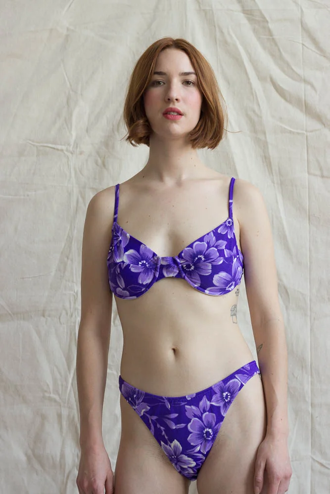 1980s Purple Daisy High Leg Bikini
