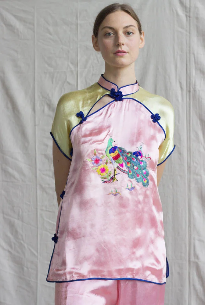 1940s Embroidered Satin Peacock Pajamas