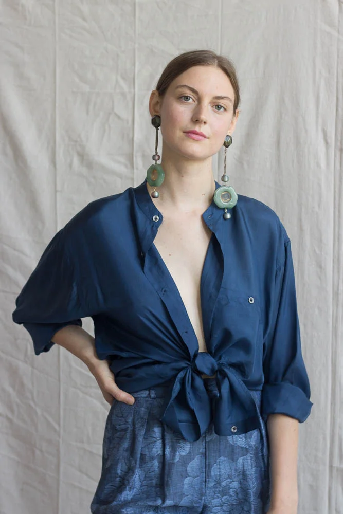 1980s Navy Silk Band Collar Blouse