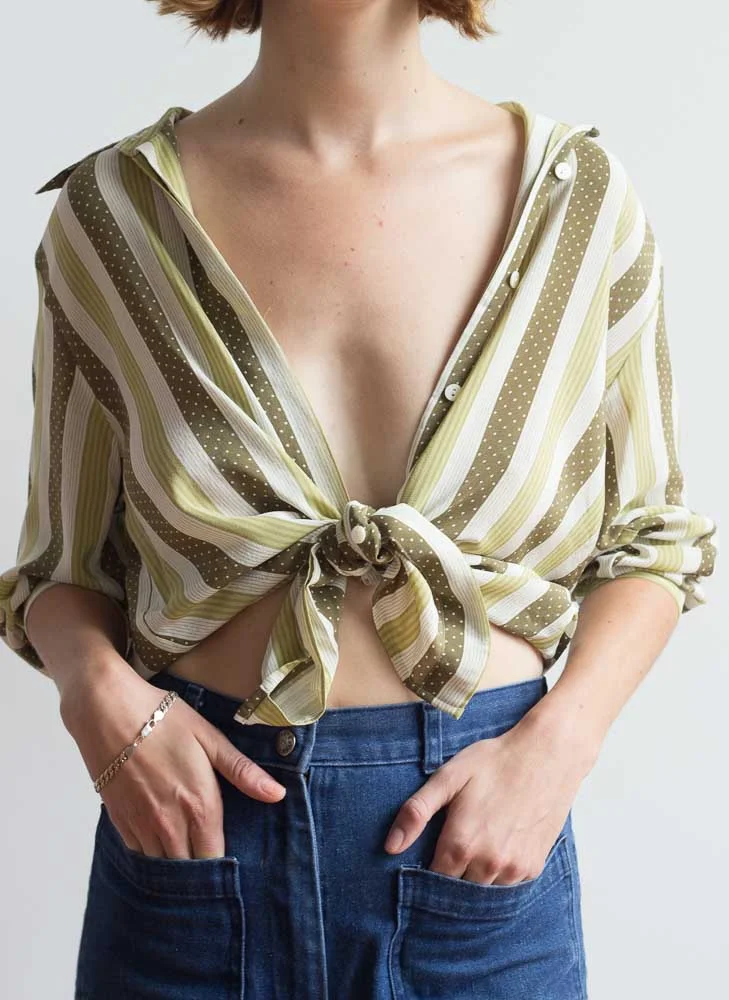 1990s Green Striped Silk Blouse