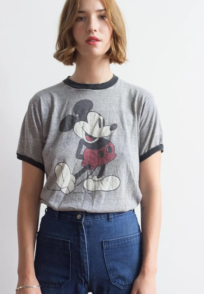 1980s Mickey Mouse Heather Gray Ringer Tee