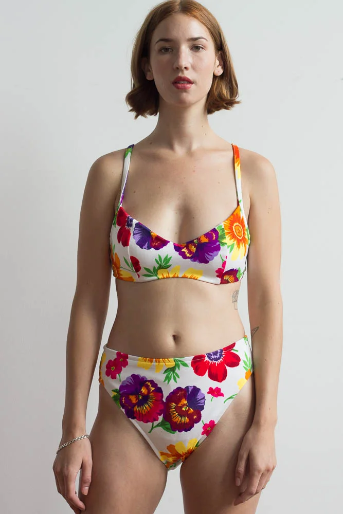 1980s White Floral High Waist Bikini