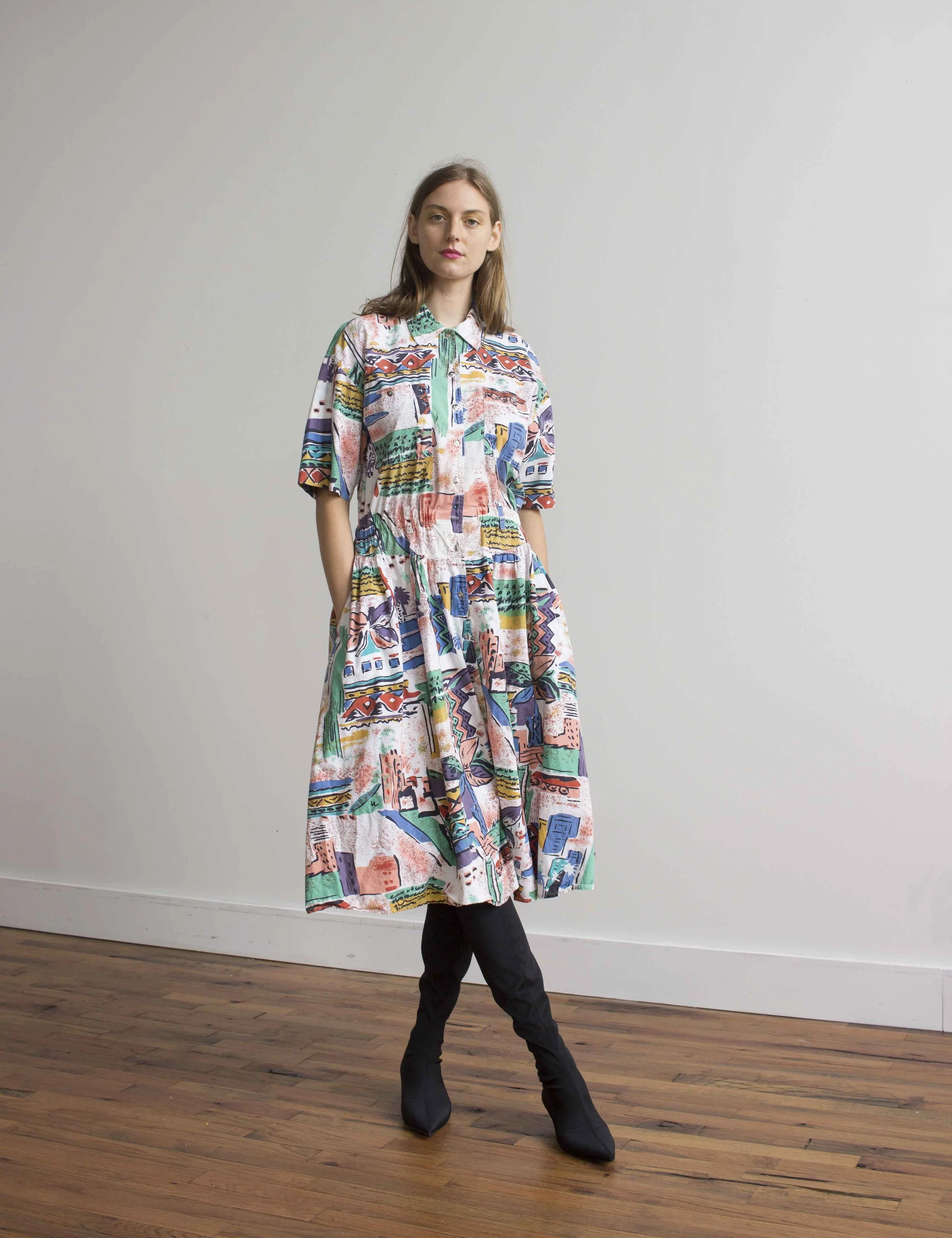 1980s City Print Cotton Dress