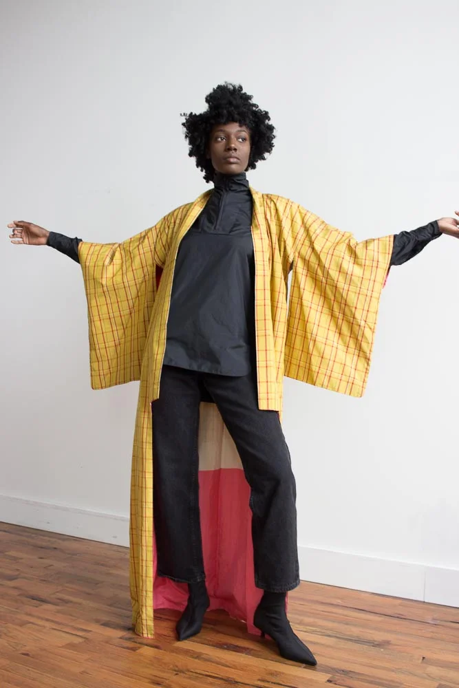 1940s Yellow Plaid Taffeta Kimono