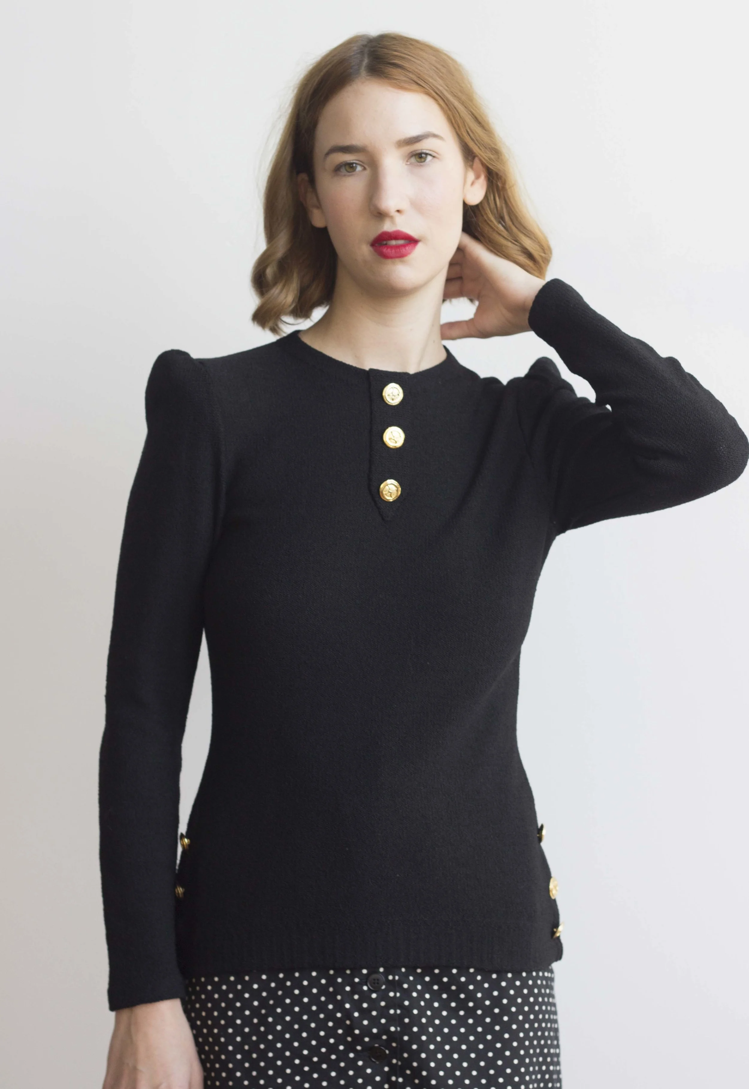 1980s Adolfo Knit Top with Gold Buttons