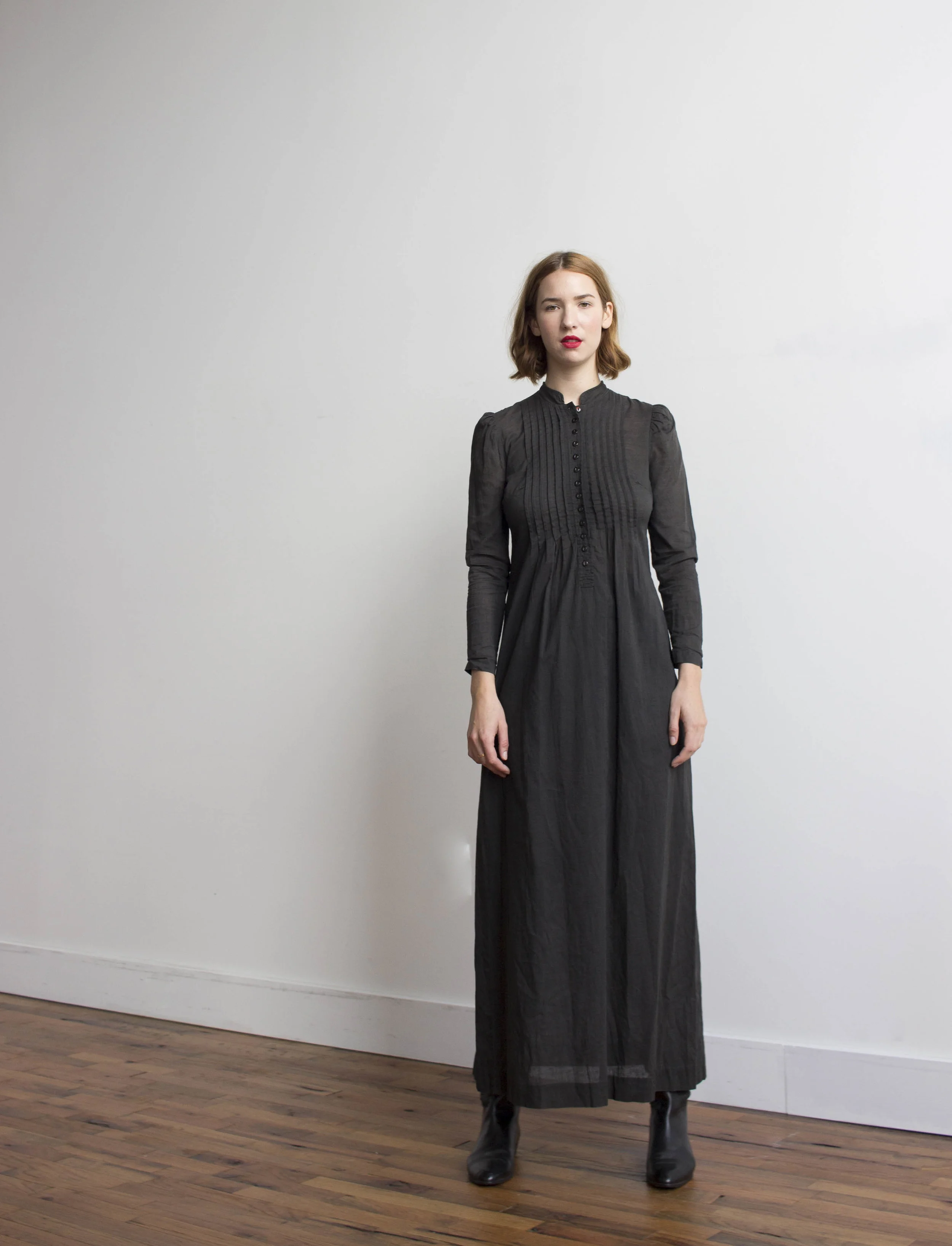 1970s Black Cotton Prairie Dress