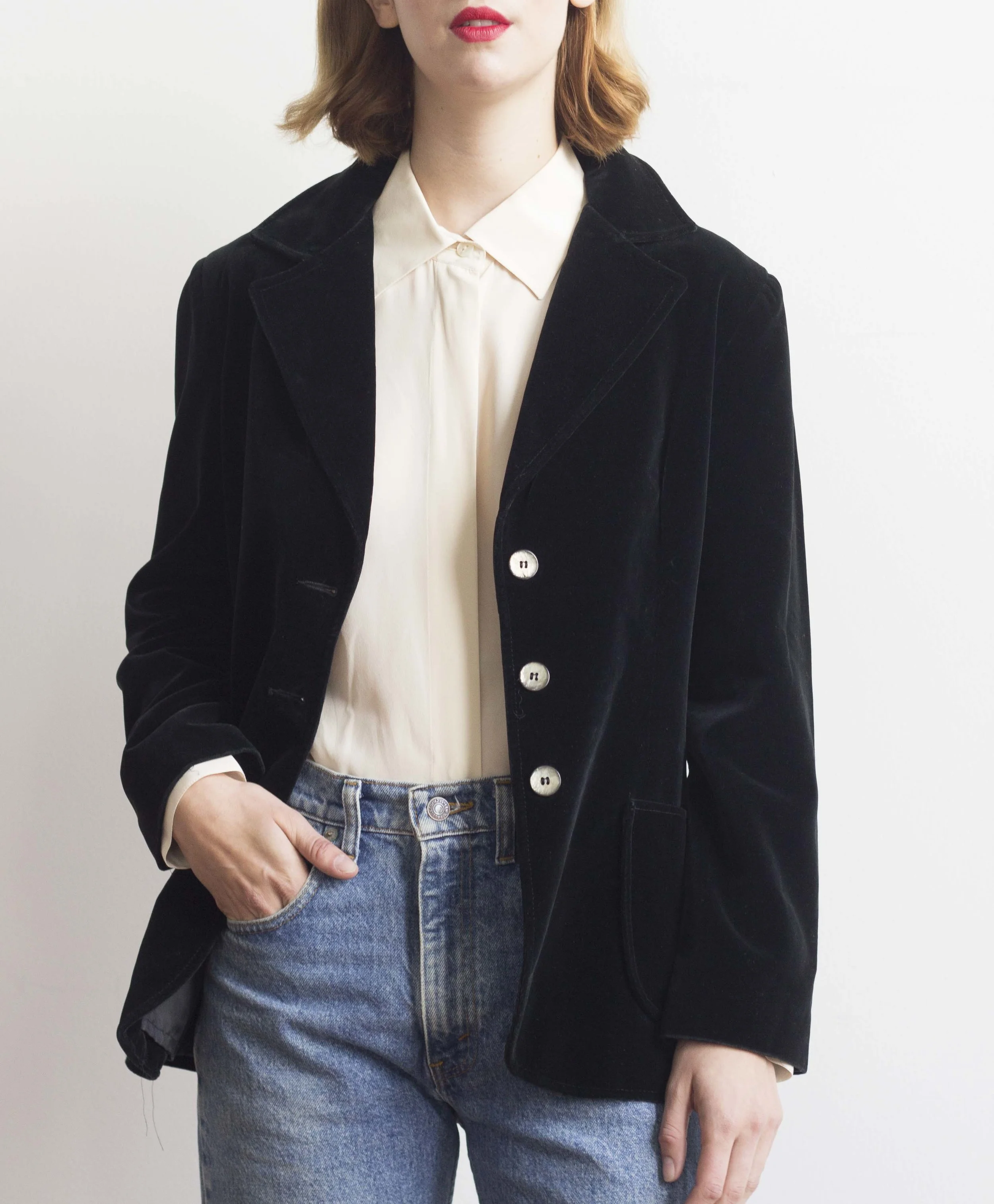 1970s Black Velvet Three Button Blazer