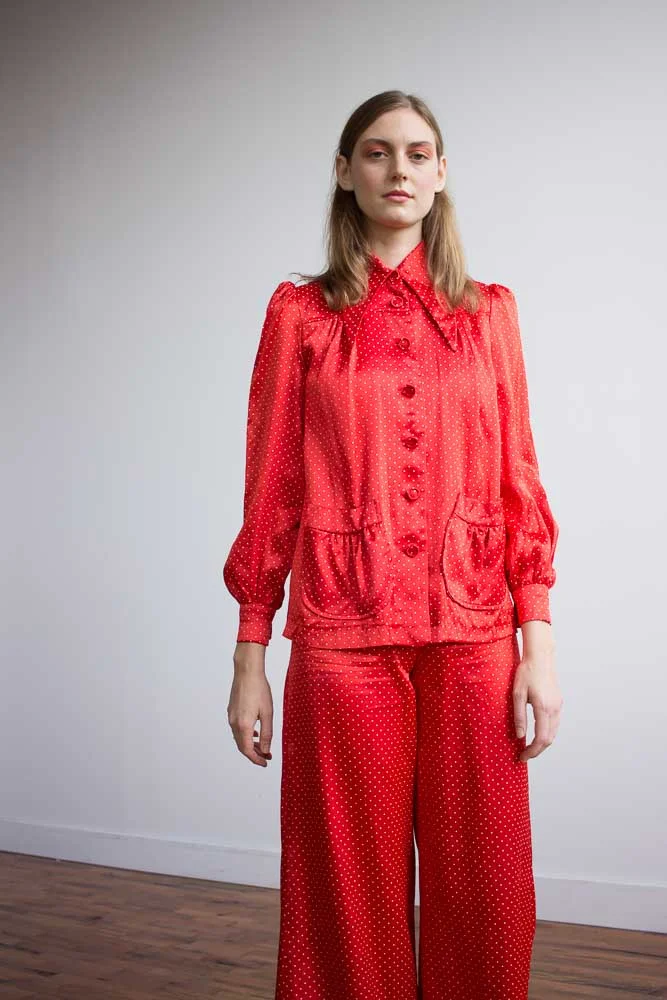 1970s Red Satin Swiss Dot Jumpsuit Set