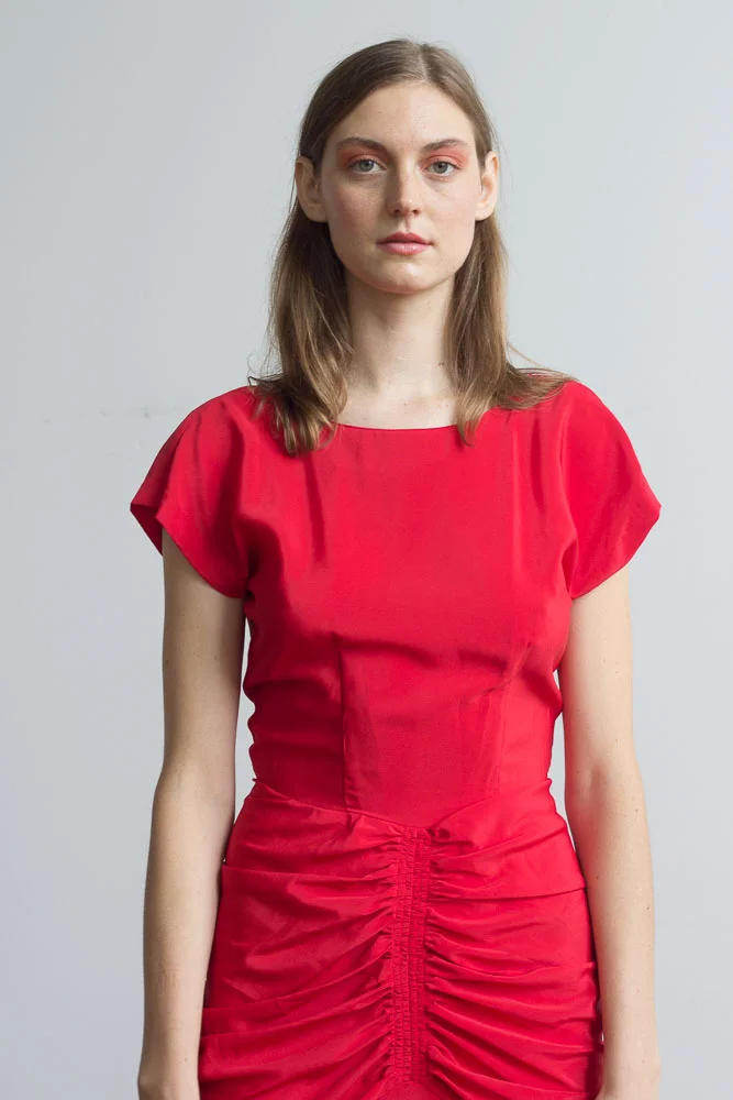 1980s Red Ruched Georgette Dress