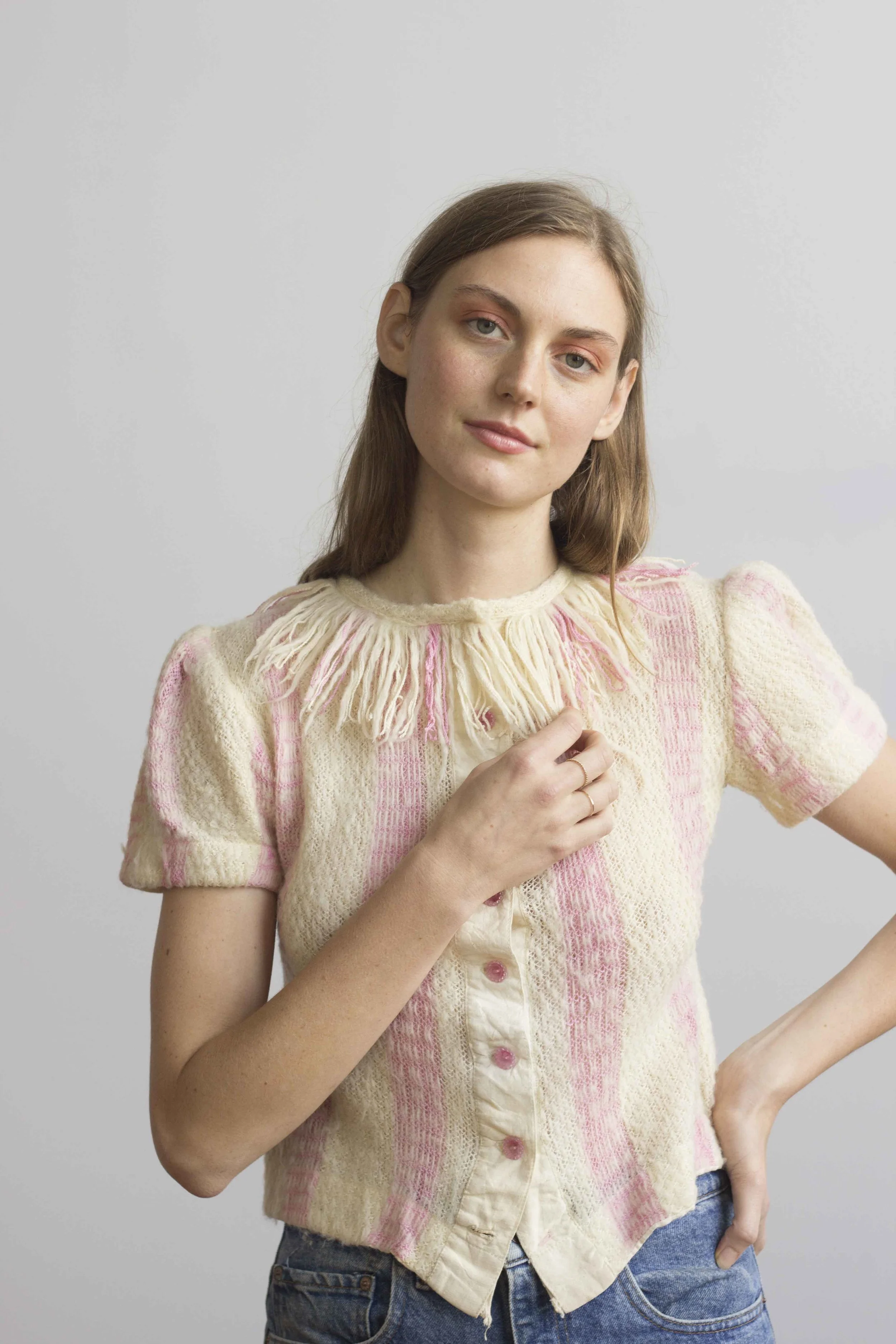 1960s Pink and Creme Fringe Knit