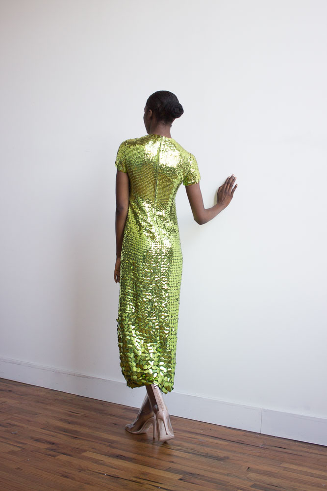 1970s Donald Brooks Green Paillette Sequined Gown