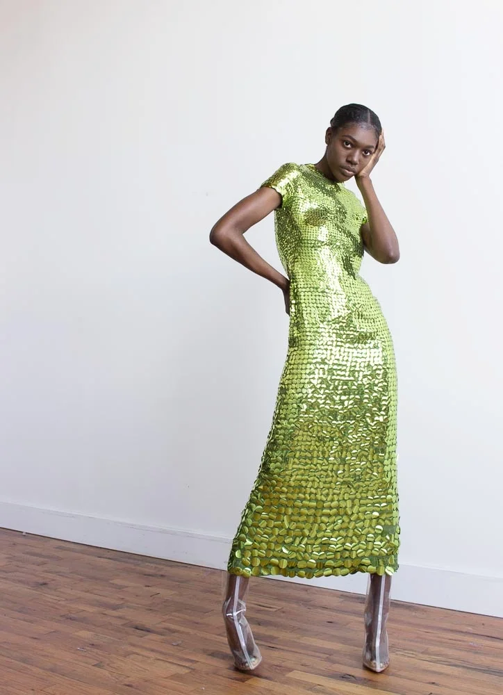 1970s Donald Brooks Green Paillette Sequined Gown Wayward Collection 1970s Donald Brooks Green Paillette Sequined Gown Wayward Collection