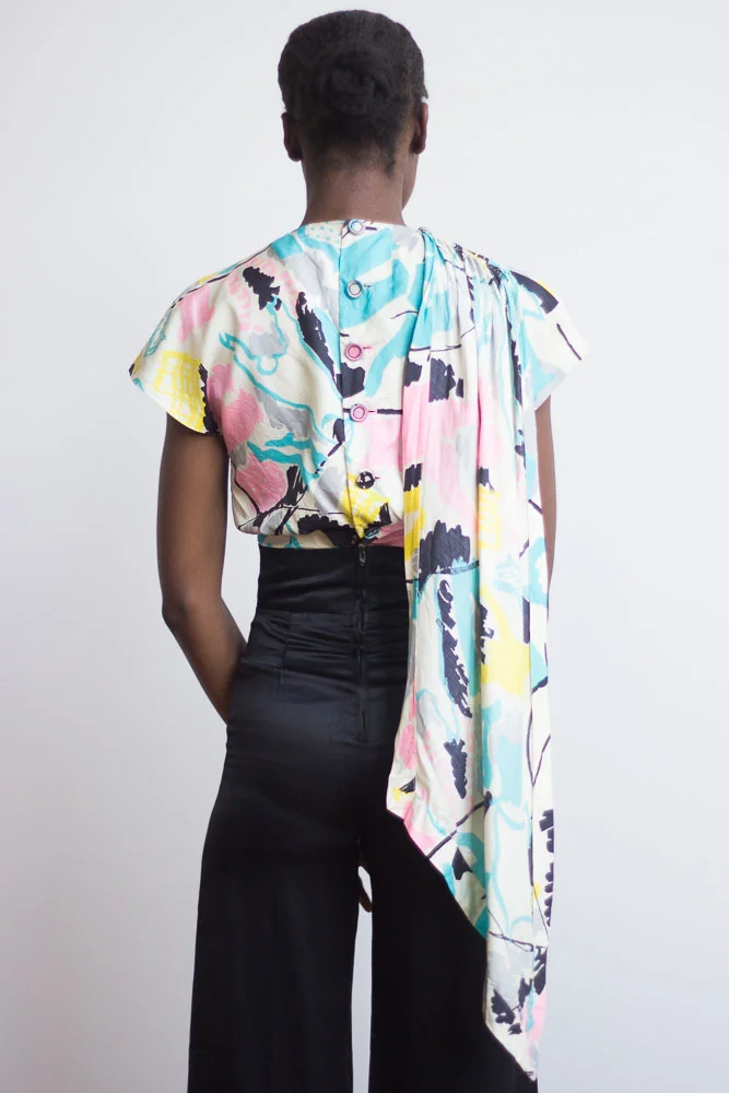 1940s Printed Silk Blouse with Scarf