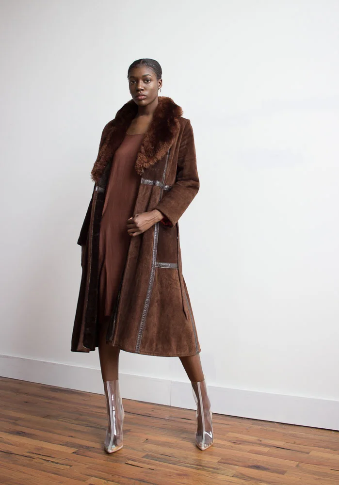 1970s Brown Shearling Wrap Coat