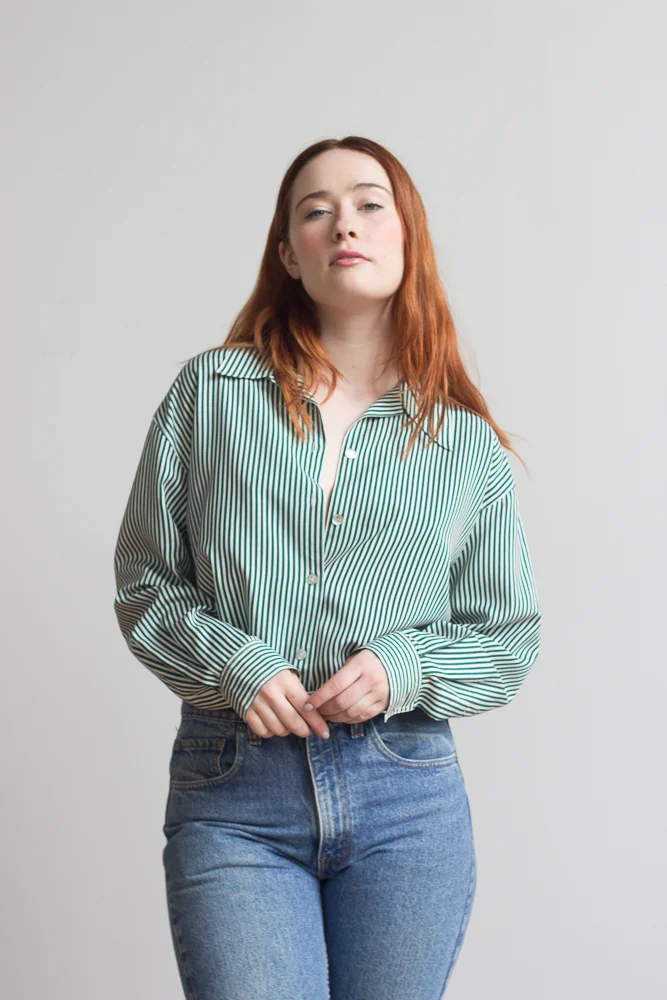 1980s Green Pinstripe Silk Blouse