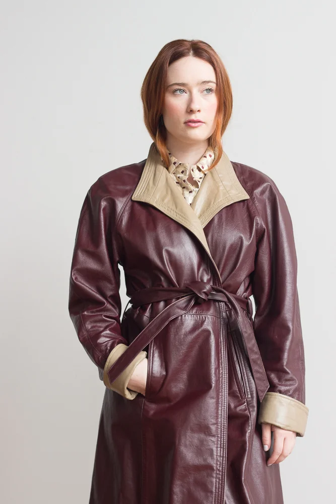1970s Burgundy and Taupe Leather Trench