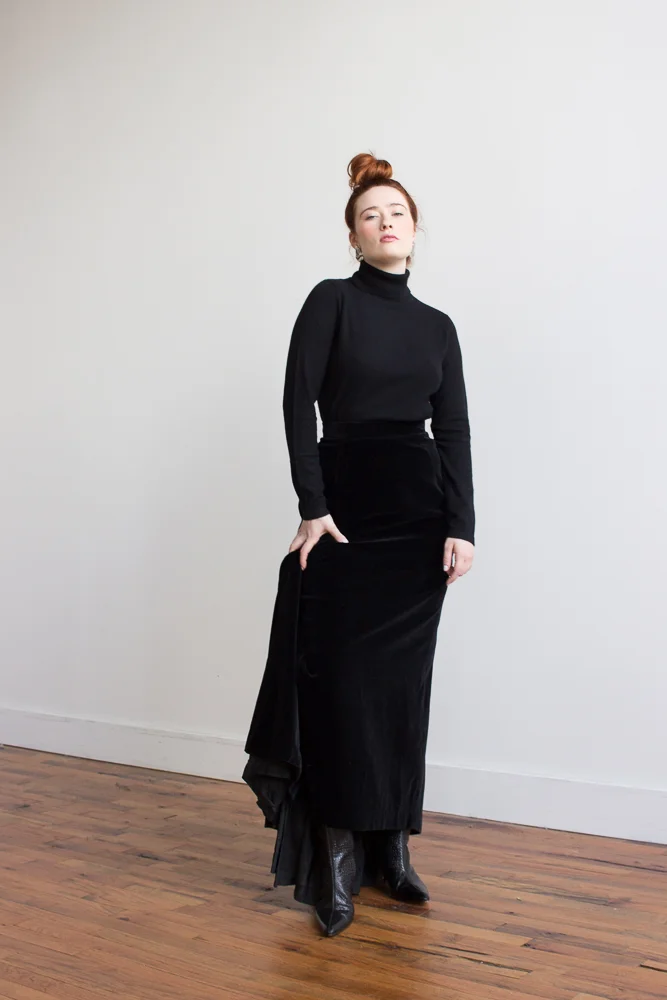 1970s Black Velvet Trained Ball Skirt