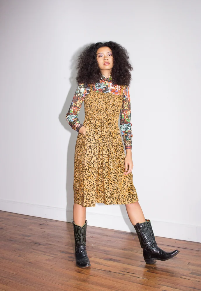 1990s Leopard Smocked Dress