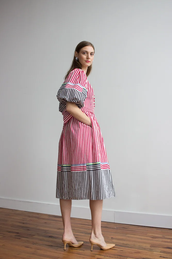 1980s Victor Costa Vacation Striped Peasant DRess