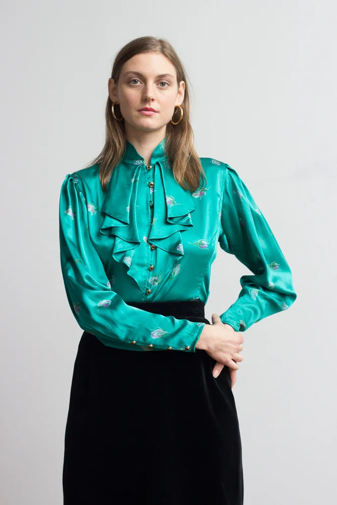 1980s Ungaro Turquoise Satin Blouse