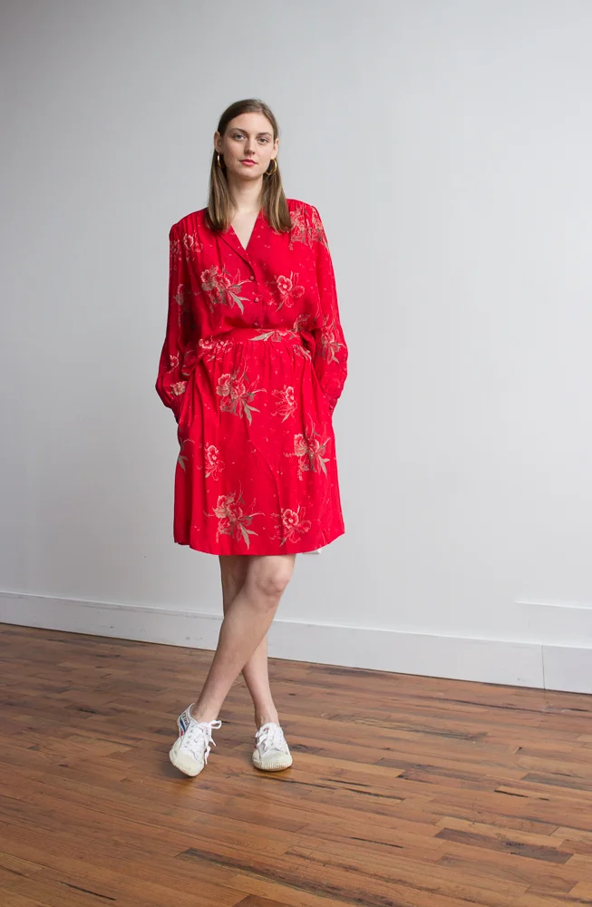 1980s Red Silk Floral Set