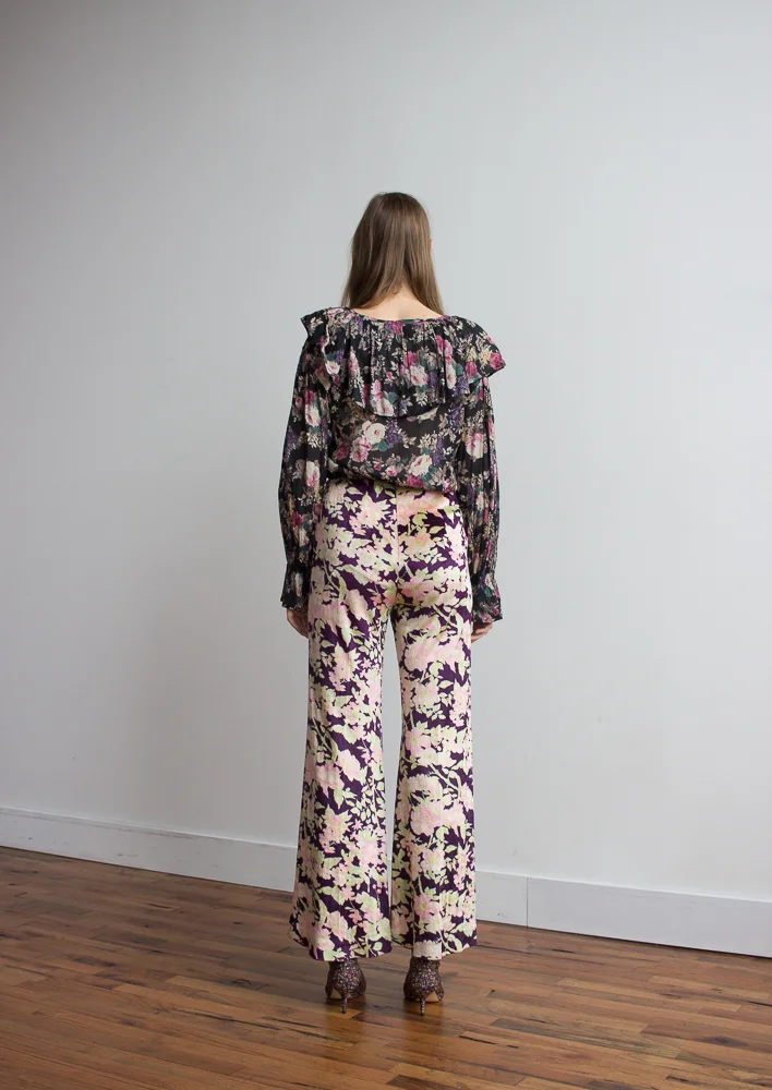 1970s Floral Panne Velvet Bell Bottoms
