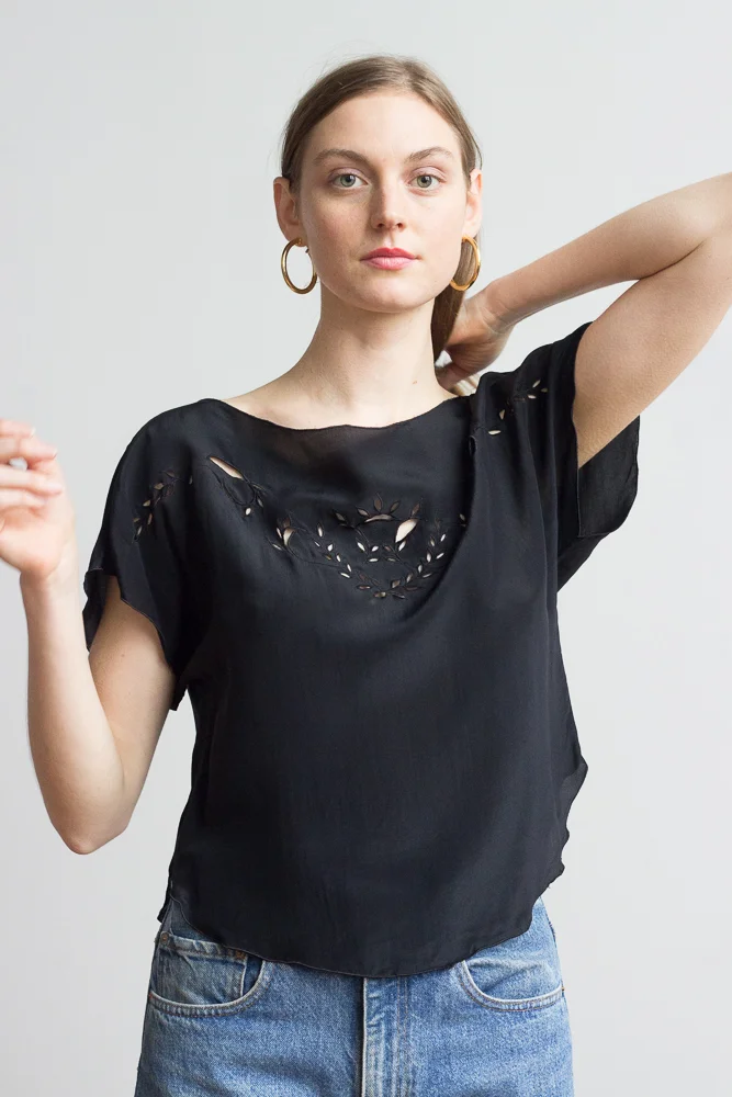 1980s Black Silk Embroidered Top