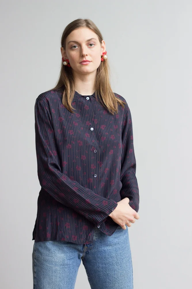1980s Calvin Klein Navy Silk Blouse