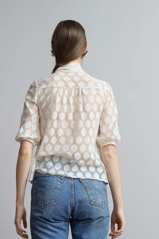 1970s Sheer Polka Dot Tie Neck Top