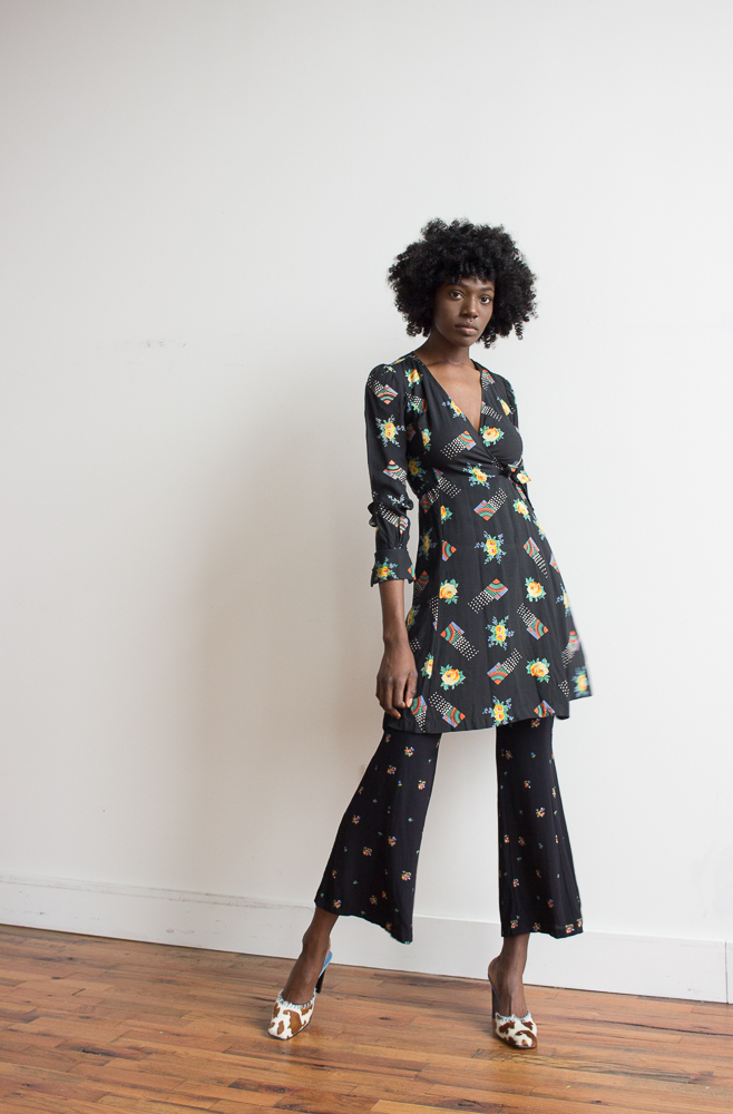 1970s Rainbow and Floral Mini Wrap Dress