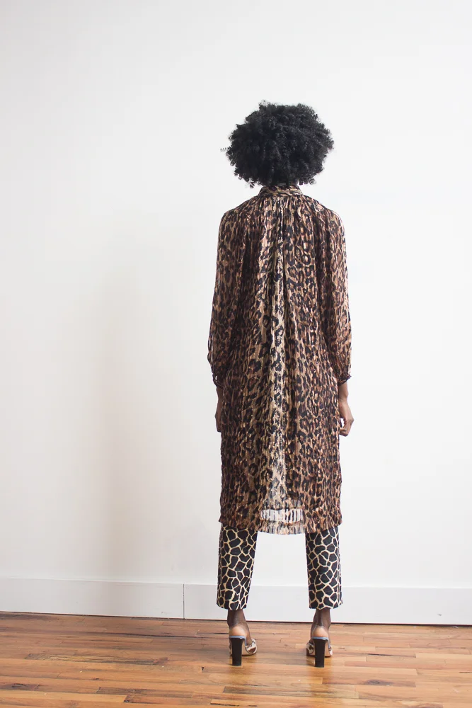1970s Leopard Silk Chiffon Smock Dress