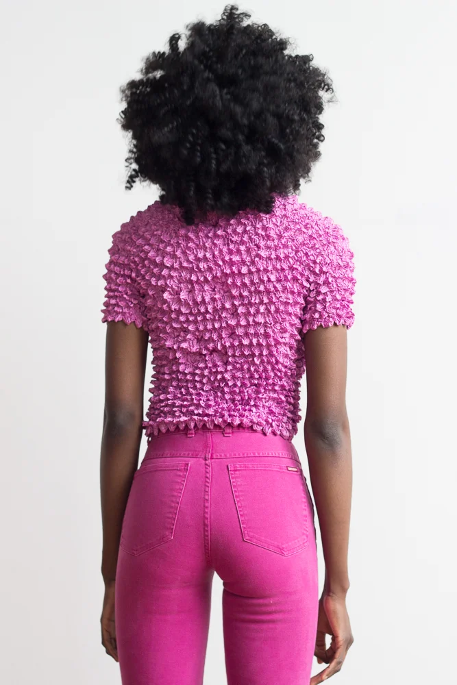 1990s Orchid Popcorn Pleat Crop Top