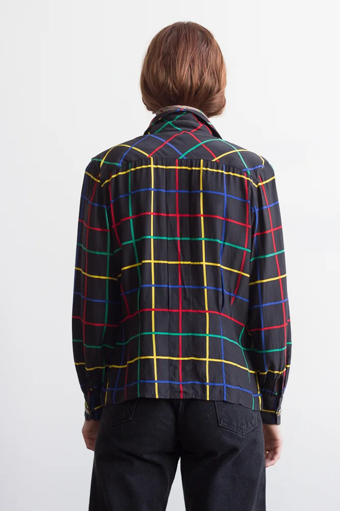 1980s Starington Grid Print DB Silk Blouse