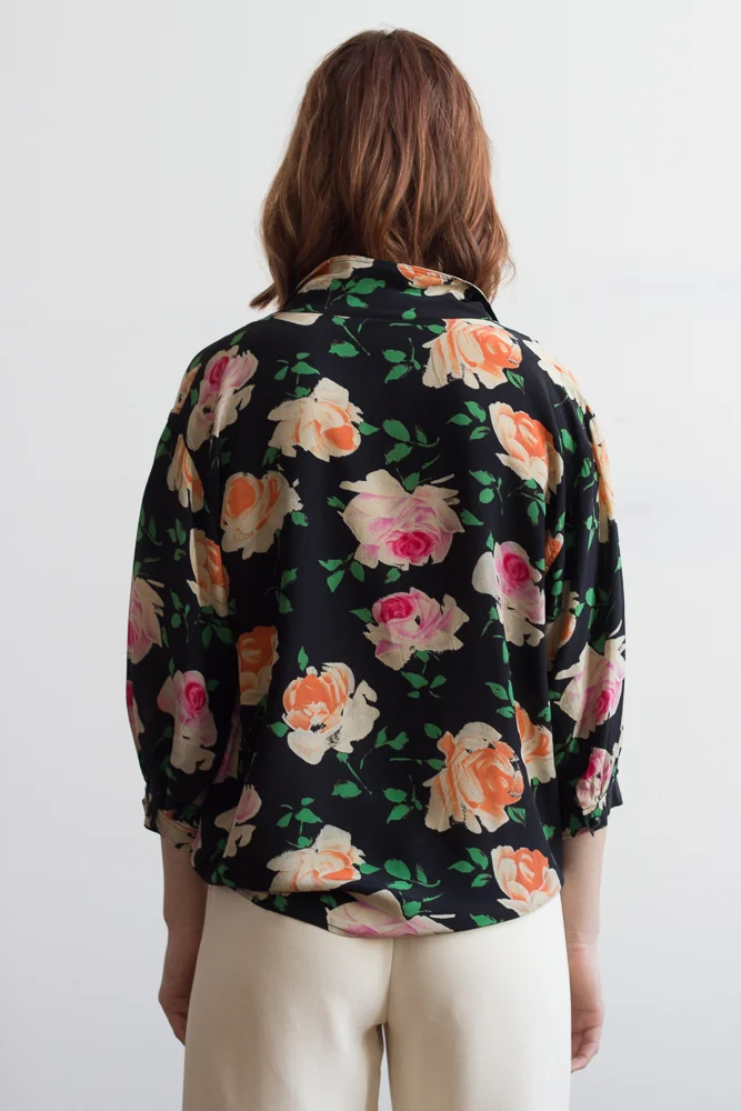 1980s Ungaro Rose Print Silk Blouse