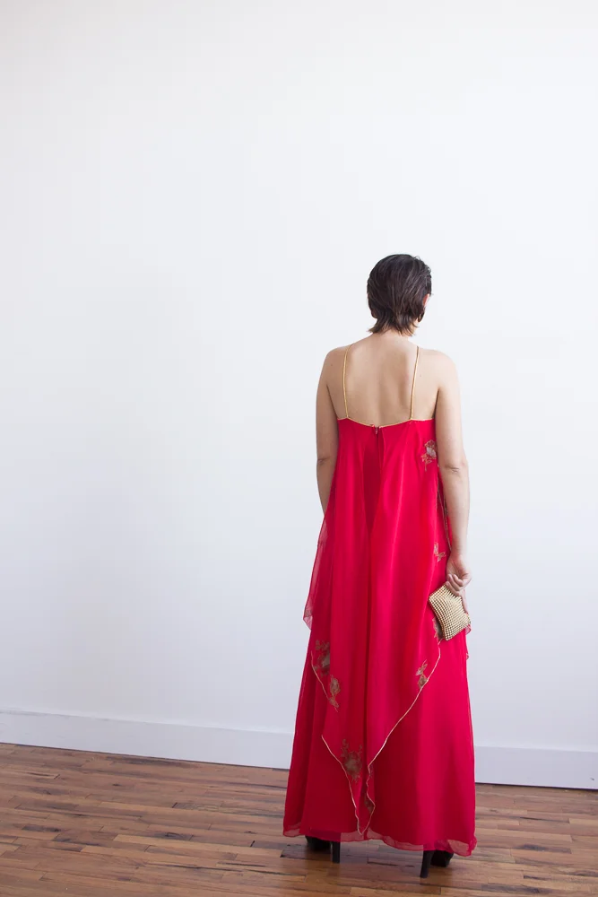 1970s Jerry Hall Red Chiffon Gown