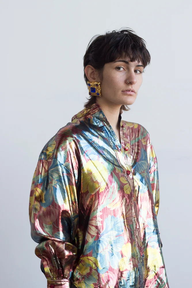 1970s Oversize Floral Lamé Blouse